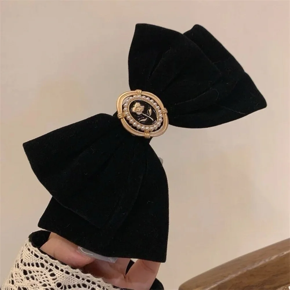 Oversized Black Velvet Rose Bow French Barrette Hair Clip